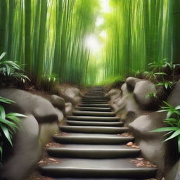 A highly realistic, top-quality photograph focusing on a series of separate white stone tile steps, descending down a mountain trail surrounded by a lush, green bamboo forest