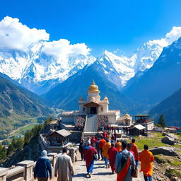 A stunning view of Kedarnath temple surrounded by majestic snow-capped mountains, with lush green valleys and a serene blue sky, featuring pilgrims in traditional attire making their way to the temple, the scene captures the essence of spirituality and nature's beauty, perfect for a breathtaking landscape photograph