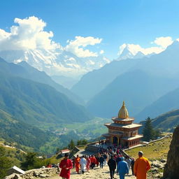 A stunning view of Kedarnath temple surrounded by majestic snow-capped mountains, with lush green valleys and a serene blue sky, featuring pilgrims in traditional attire making their way to the temple, the scene captures the essence of spirituality and nature's beauty, perfect for a breathtaking landscape photograph