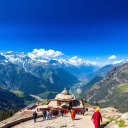 A stunning view of Kedarnath temple surrounded by majestic snow-capped mountains, with lush green valleys and a serene blue sky, featuring pilgrims in traditional attire making their way to the temple, the scene captures the essence of spirituality and nature's beauty, perfect for a breathtaking landscape photograph