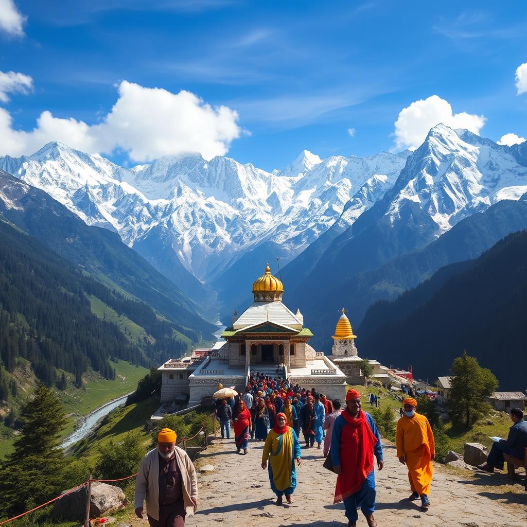 A stunning view of Kedarnath temple surrounded by majestic snow-capped mountains, with lush green valleys and a serene blue sky, featuring pilgrims in traditional attire making their way to the temple, the scene captures the essence of spirituality and nature's beauty, perfect for a breathtaking landscape photograph