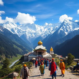 A stunning view of Kedarnath temple surrounded by majestic snow-capped mountains, with lush green valleys and a serene blue sky, featuring pilgrims in traditional attire making their way to the temple, the scene captures the essence of spirituality and nature's beauty, perfect for a breathtaking landscape photograph