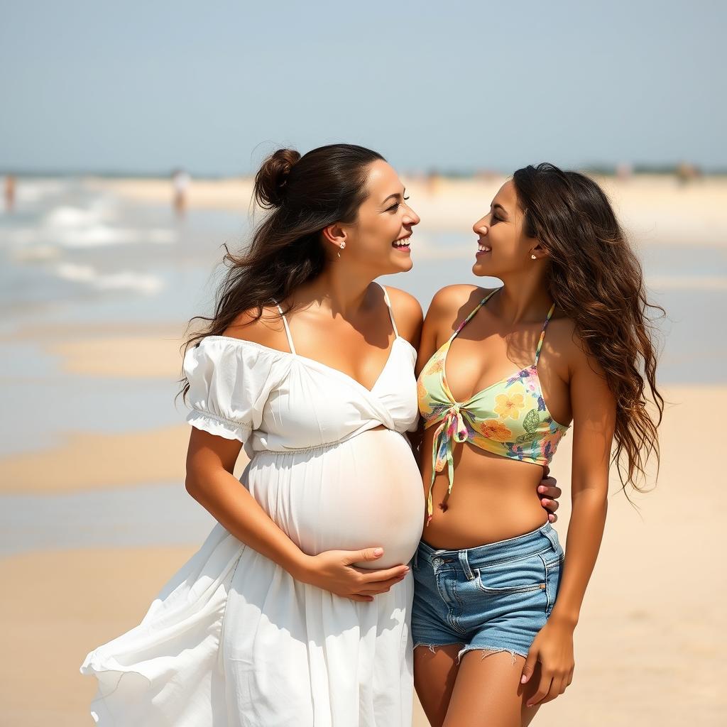 A heartwarming scene of a mother and her adult daughter sharing a playful, affectionate moment at the beach