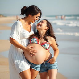 A heartwarming scene of a mother and her adult daughter sharing a playful, affectionate moment at the beach