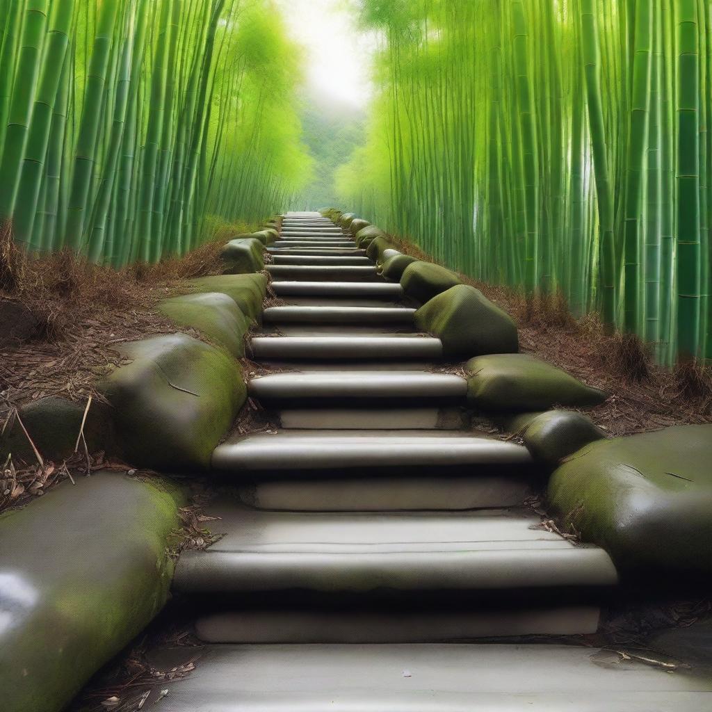 An incredibly realistic, high-quality photograph showcasing a series of smaller, separate white stone tile steps, descending down a mountain trail surrounded by a dense, green bamboo forest