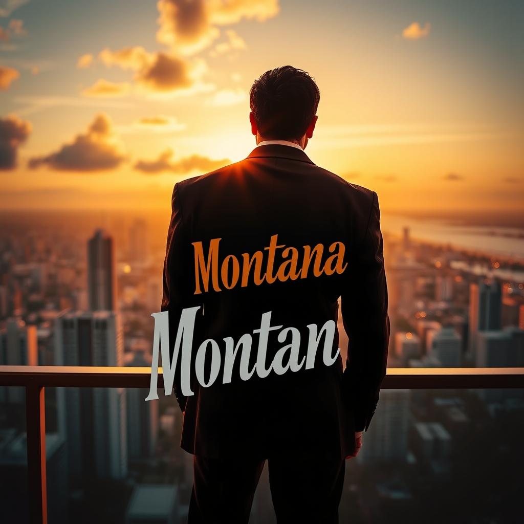 A stylish man standing with his back facing a balcony, overlooking a sprawling cityscape at sunset, reminiscent of Tony Montana in Scarface