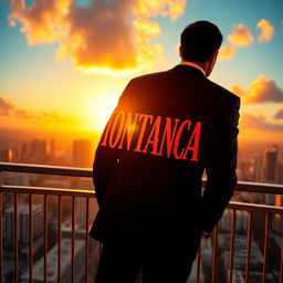 A stylish man standing with his back facing a balcony, overlooking a sprawling cityscape at sunset, reminiscent of Tony Montana in Scarface