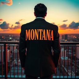 A stylish man standing with his back facing a balcony, overlooking a sprawling cityscape at sunset, reminiscent of Tony Montana in Scarface