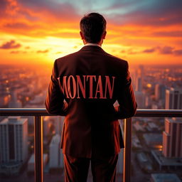 A stylish man standing with his back facing a balcony, overlooking a sprawling cityscape at sunset, reminiscent of Tony Montana in Scarface