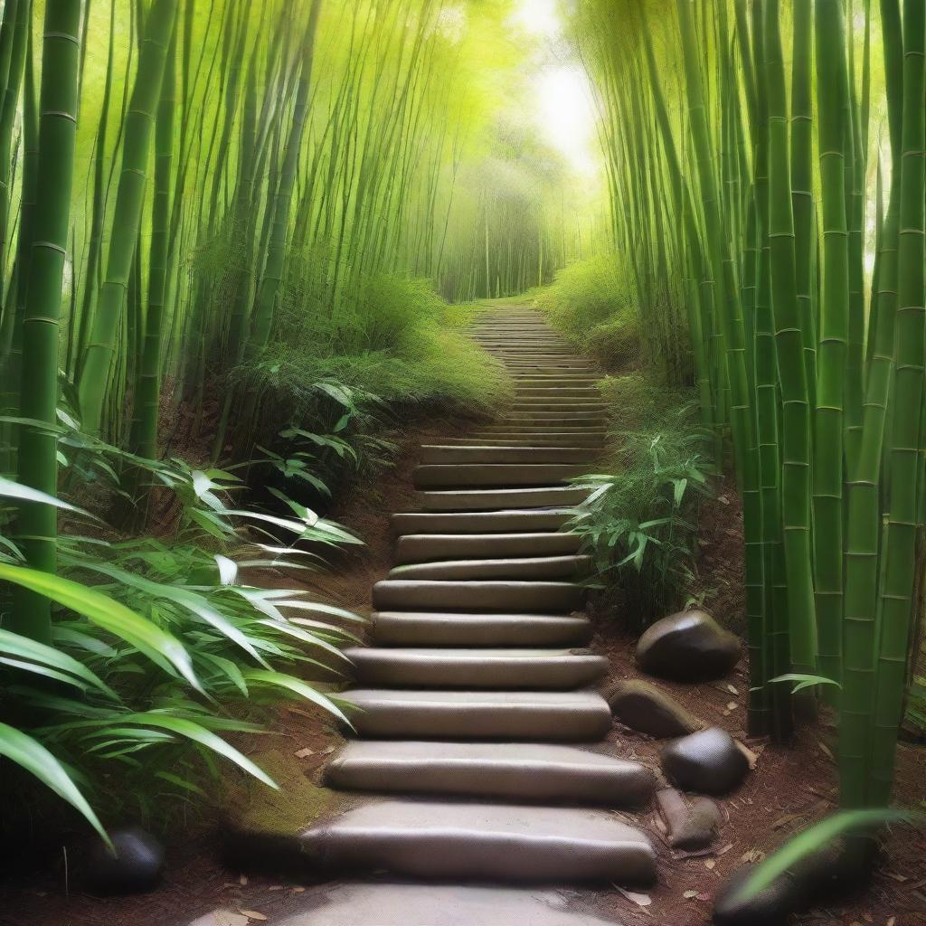 An incredibly realistic, high-quality photograph showcasing a series of smaller, separate white stone tile steps, descending down a mountain trail surrounded by a dense, green bamboo forest