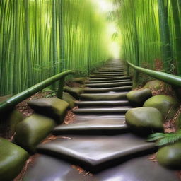 An incredibly realistic, high-quality photograph showcasing a series of smaller, separate white stone tile steps, descending down a mountain trail surrounded by a dense, green bamboo forest