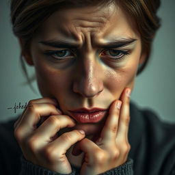 A close-up portrait of a person sitting alone, struggling to speak, with their facial expression reflecting a mix of internal struggle, frustration, and a flicker of hope