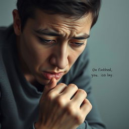 A close-up portrait of a person sitting alone, struggling to speak, with their facial expression reflecting a mix of internal struggle, frustration, and a flicker of hope