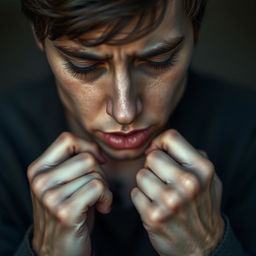 A close-up portrait of a person sitting alone, struggling to speak, with their facial expression reflecting a mix of internal struggle, frustration, and a flicker of hope