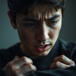 A close-up portrait of a person sitting alone, struggling to speak, with their facial expression reflecting a mix of internal struggle, frustration, and a flicker of hope