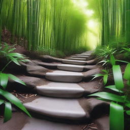 An incredibly realistic, high-quality photograph showcasing a series of smaller, separate white stone tile steps, descending down a mountain trail surrounded by a dense, green bamboo forest