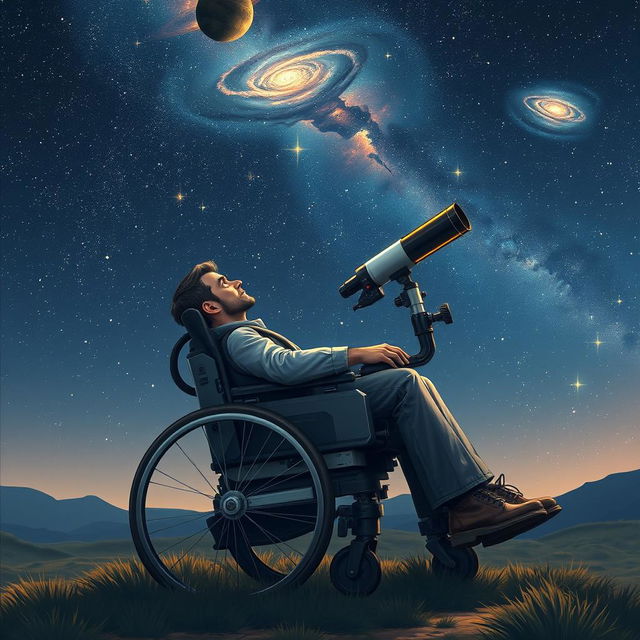 A scene depicting an astronomer in a large wheelchair, gazing through a telescope under a starry night sky