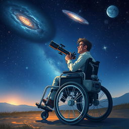 A scene depicting an astronomer in a large wheelchair, gazing through a telescope under a starry night sky
