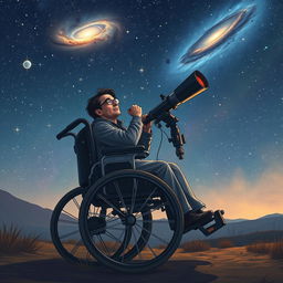 A scene depicting an astronomer in a large wheelchair, gazing through a telescope under a starry night sky