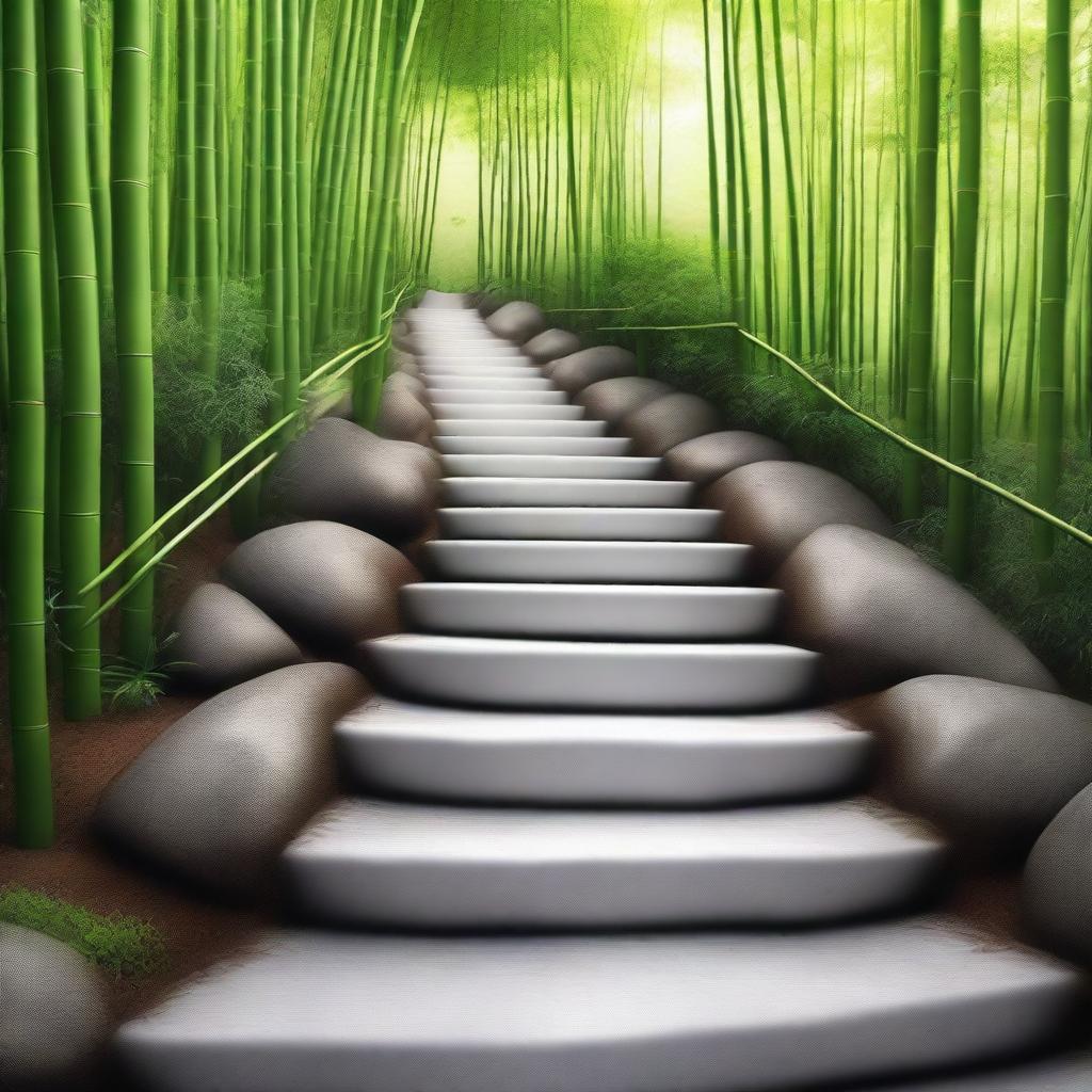 A photorealistic, high-quality image featuring a series of separate white stone tile steps, descending down a mountain trail surrounded by a dense, green bamboo forest