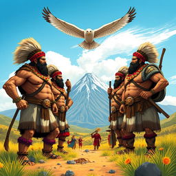 A vivid and dynamic illustration inspired by the legend of the potato, featuring strong and fierce karis men in traditional attire, showcasing their muscular builds and warrior spirit