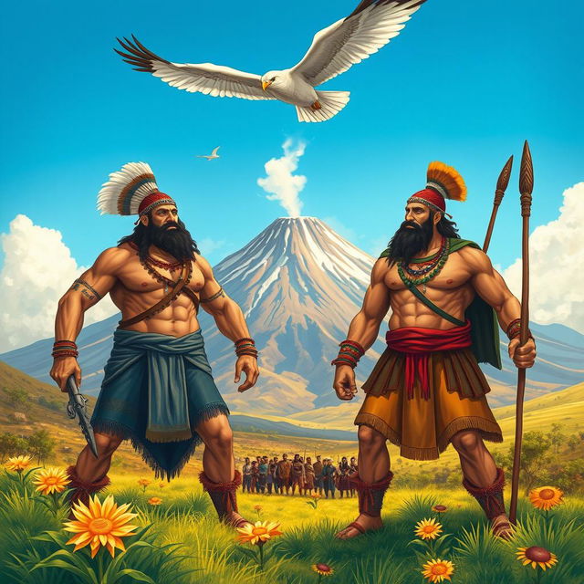 A vivid and dynamic illustration inspired by the legend of the potato, featuring strong and fierce karis men in traditional attire, showcasing their muscular builds and warrior spirit