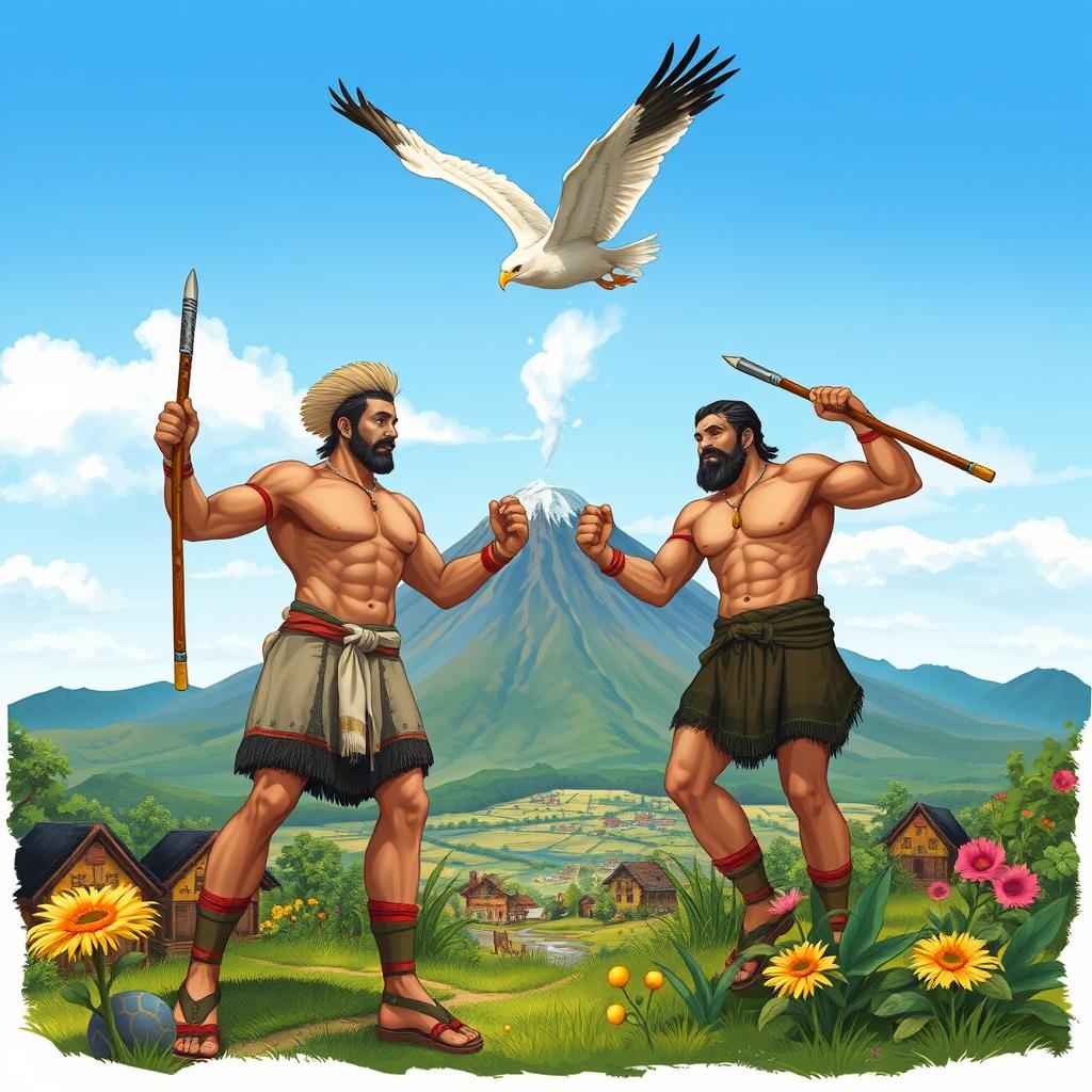 A vivid and dynamic illustration inspired by the legend of the potato, featuring strong and fierce karis men in traditional attire, showcasing their muscular builds and warrior spirit