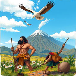 A vivid and dynamic illustration inspired by the legend of the potato, featuring strong and fierce karis men in traditional attire, showcasing their muscular builds and warrior spirit