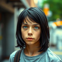 A 17-year-old boy with shoulder-length black hair and vibrant green eyes