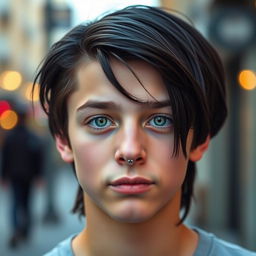 A 17-year-old boy with shoulder-length black hair and vibrant green eyes