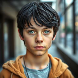 A 17-year-old boy with shoulder-length black hair and vibrant green eyes