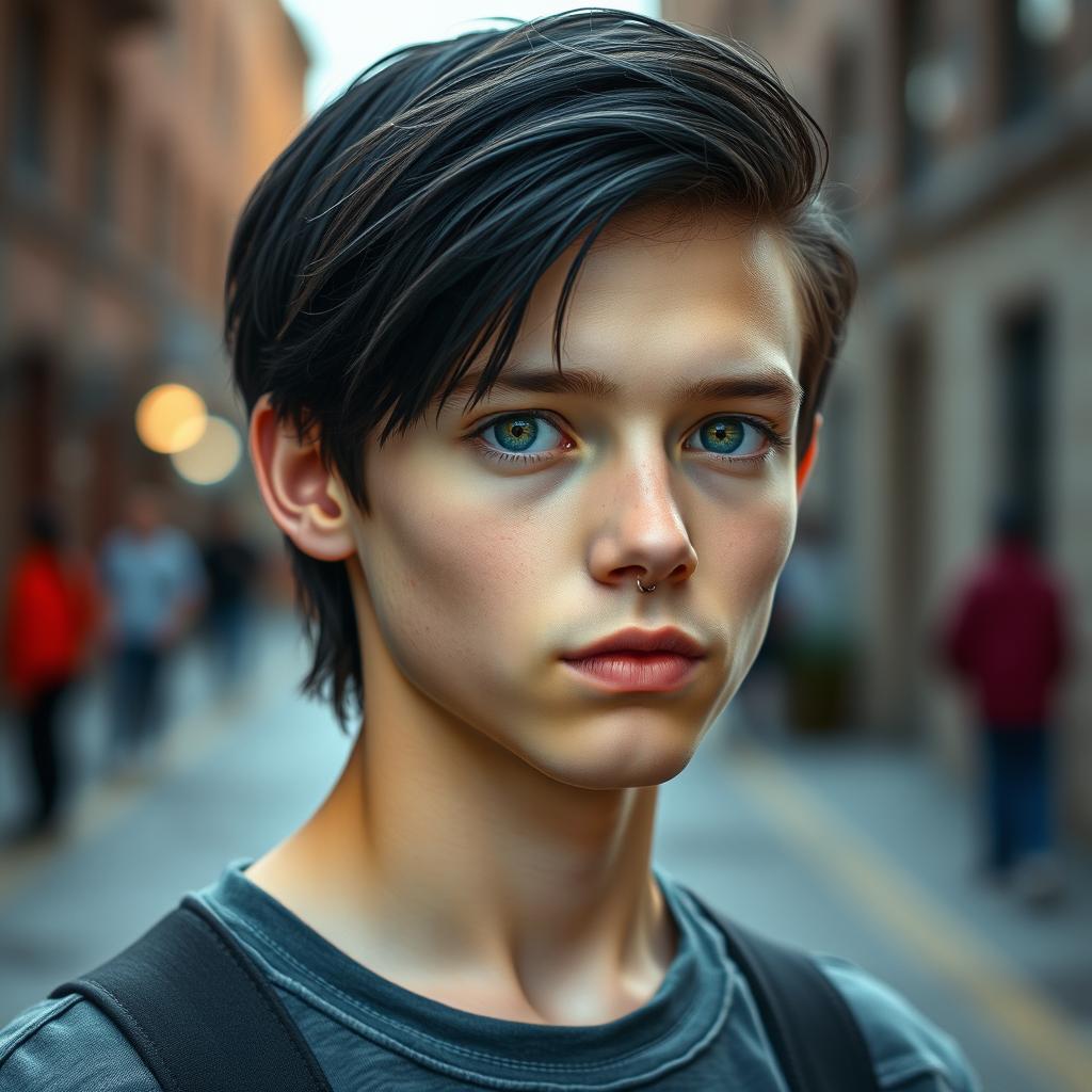 A 17-year-old boy with shoulder-length black hair and vibrant green eyes