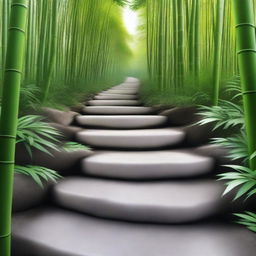 A photorealistic, high-quality image featuring a series of separate white stone tile steps, descending down a mountain trail surrounded by a dense, green bamboo forest