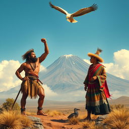 A legendary scene depicting the tale of the Papa, featuring strong and valiant men of the Kharis community and the peaceful Sapalla people