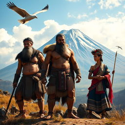 A legendary scene depicting the tale of the Papa, featuring strong and valiant men of the Kharis community and the peaceful Sapalla people