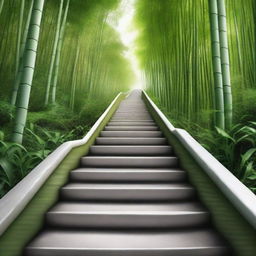 A photorealistic, high-quality image featuring a series of separate white stone tile steps, descending down a mountain trail surrounded by a dense, green bamboo forest