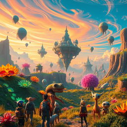 A vibrant and imaginative world called Planet Limitless, full of lush, colorful landscapes featuring bioluminescent plants and gigantic, whimsical creatures