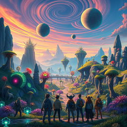 A vibrant and imaginative world called Planet Limitless, full of lush, colorful landscapes featuring bioluminescent plants and gigantic, whimsical creatures