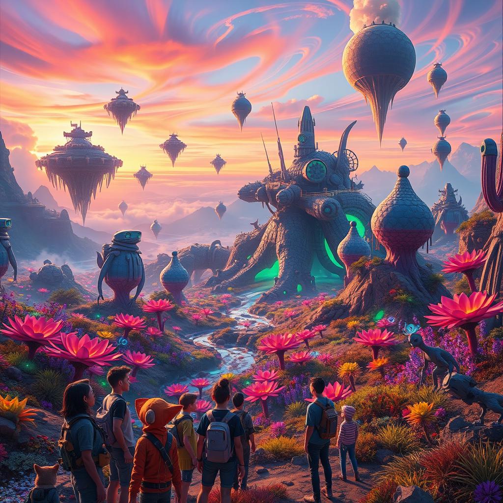 A vibrant and imaginative world called Planet Limitless, full of lush, colorful landscapes featuring bioluminescent plants and gigantic, whimsical creatures