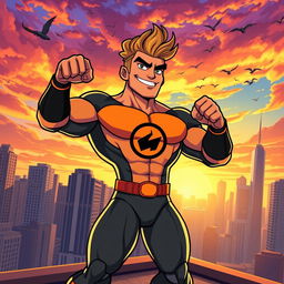 A vibrant and striking cartoon image of a superhit hero, featuring a muscular figure wearing a sleek, futuristic suit adorned with a bold logo