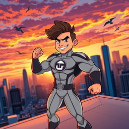 A vibrant and striking cartoon image of a superhit hero, featuring a muscular figure wearing a sleek, futuristic suit adorned with a bold logo