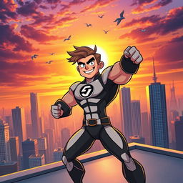 A vibrant and striking cartoon image of a superhit hero, featuring a muscular figure wearing a sleek, futuristic suit adorned with a bold logo