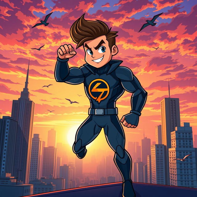 A vibrant and striking cartoon image of a superhit hero, featuring a muscular figure wearing a sleek, futuristic suit adorned with a bold logo