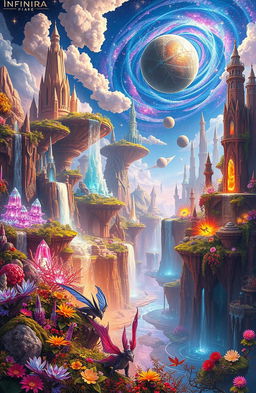 A vibrant, fantastical multi-dimensional landscape inspired by the concept of 'INFINITARA', featuring floating islands, glowing crystals, and ethereal flora