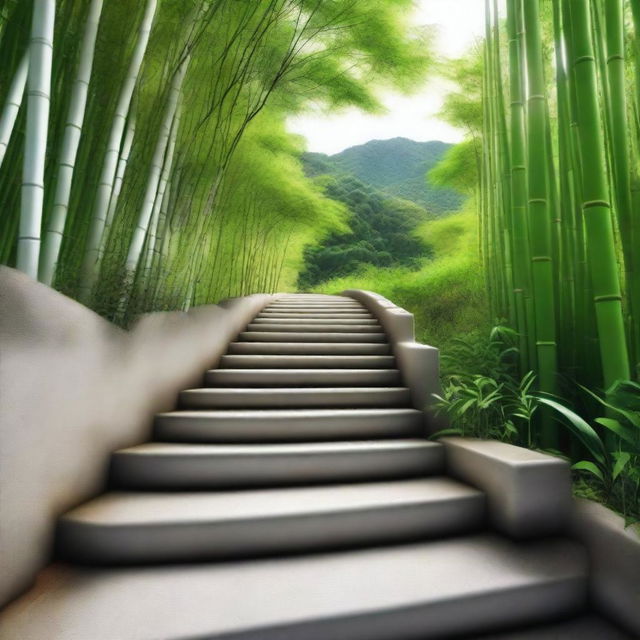 A photorealistic, high-quality image featuring a series of separate white stone tile steps, descending down a mountain trail surrounded by a dense, green bamboo forest