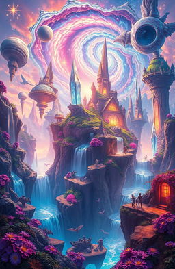 A vibrant, fantastical multi-dimensional landscape inspired by the concept of 'INFINITARA', featuring floating islands, glowing crystals, and ethereal flora