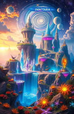 A vibrant, fantastical multi-dimensional landscape inspired by the concept of 'INFINITARA', featuring floating islands, glowing crystals, and ethereal flora