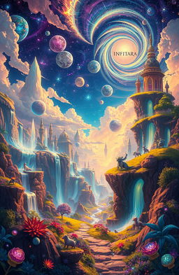 A vibrant, fantastical multi-dimensional landscape inspired by the concept of 'INFINITARA', featuring floating islands, glowing crystals, and ethereal flora