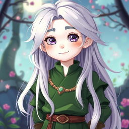 A cartoon of a handsome boy who appears to be around 10 years old, featuring long hair that blends beautiful shades of white and silver