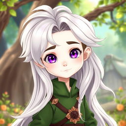 A cartoon of a handsome boy who appears to be around 10 years old, featuring long hair that blends beautiful shades of white and silver